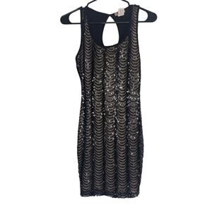 Vintage Y2K Body Central Black Nude Sequined Bodycon Mini Dress Size Small